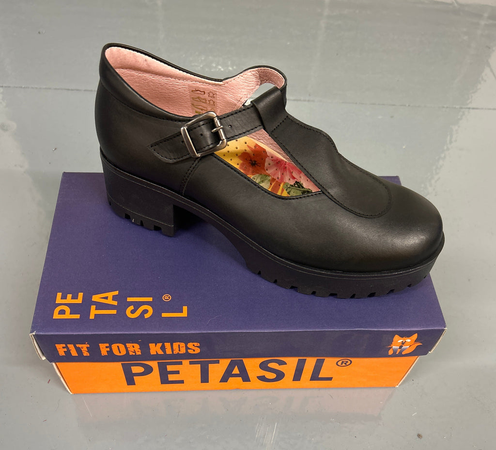 Black Leather Petasil Zoe School Shoe