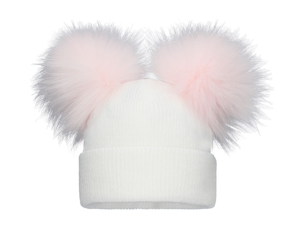 White/Pink Pom Pom Envy Baby Knit Double Hat