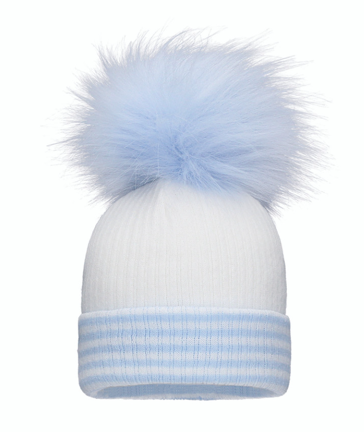 White/Blue Pom Pom Envy Stripe Hat