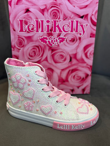 sparkly high top, beaded hearts, pink laces and zip fastening, special occasion shoes